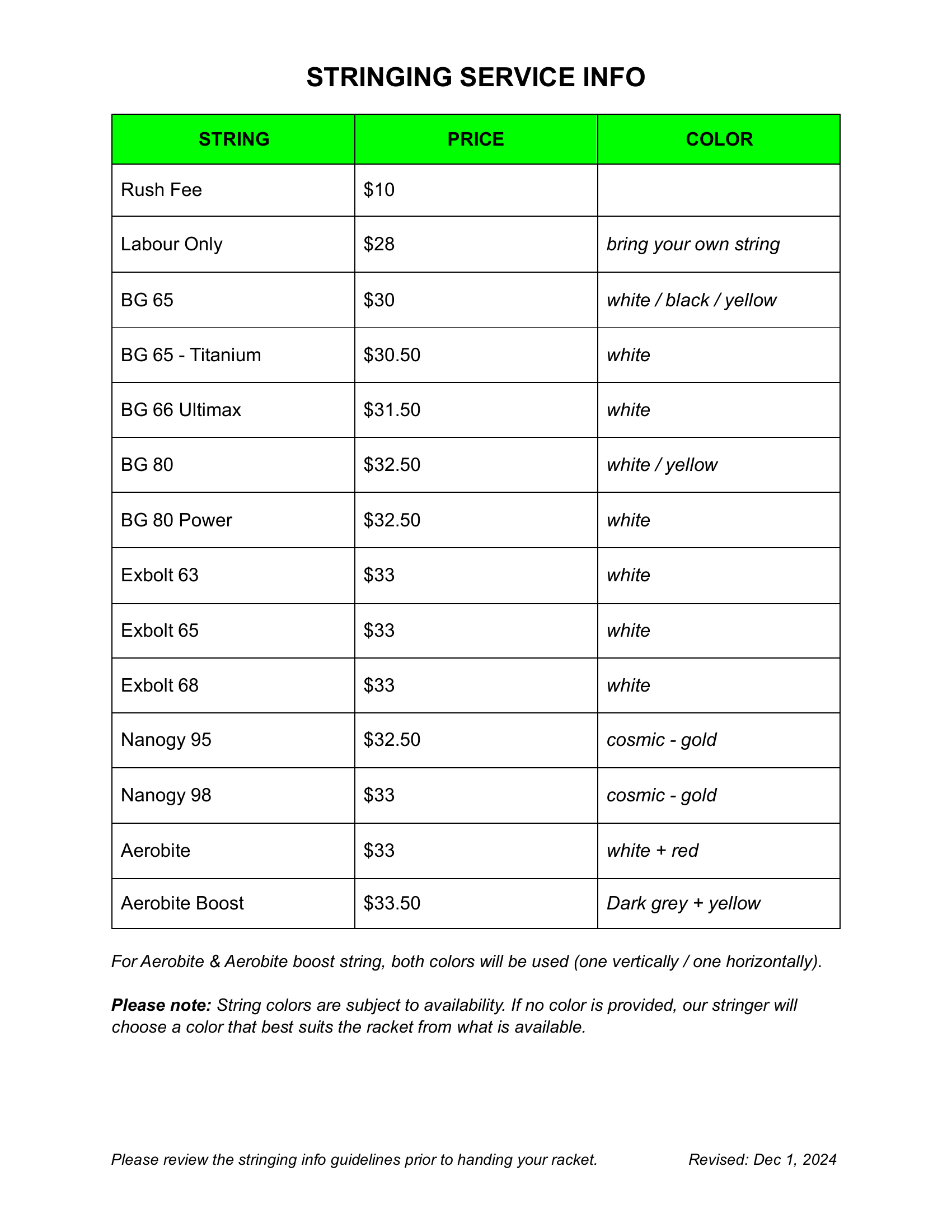 Stringing Service Prices 2026 page 1