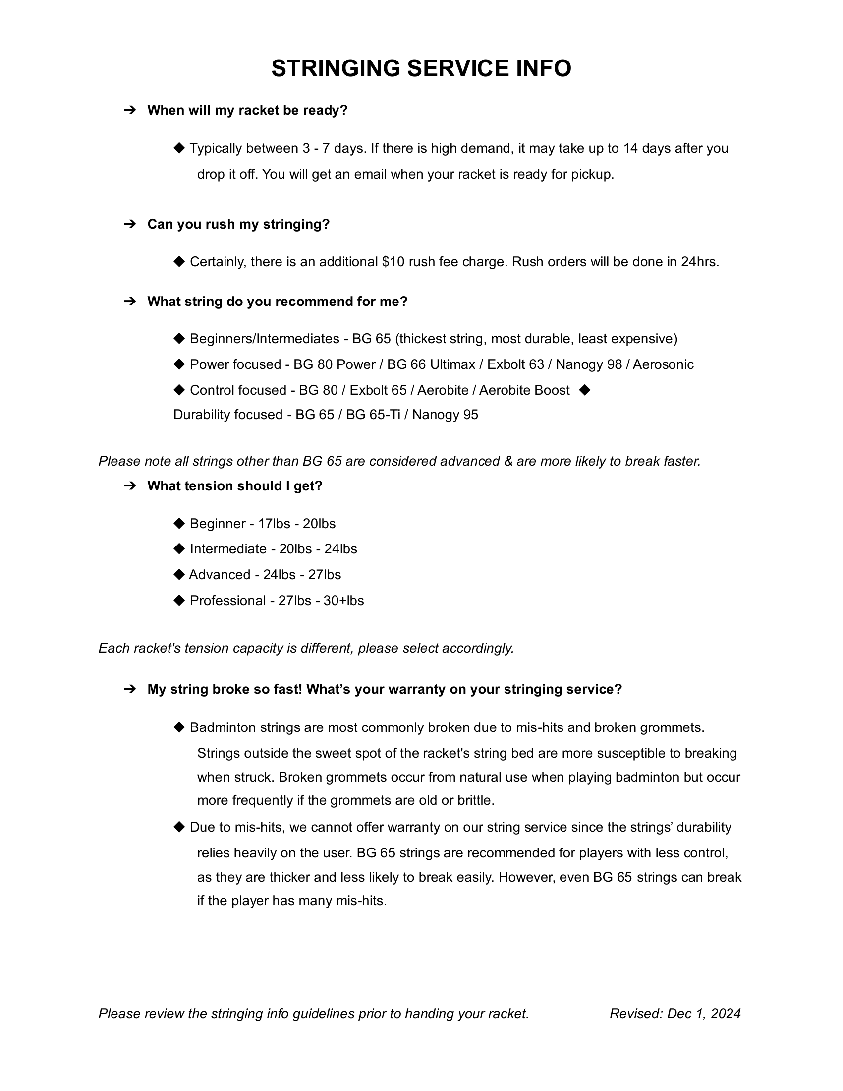 Stringing Service Prices 2026 page 2